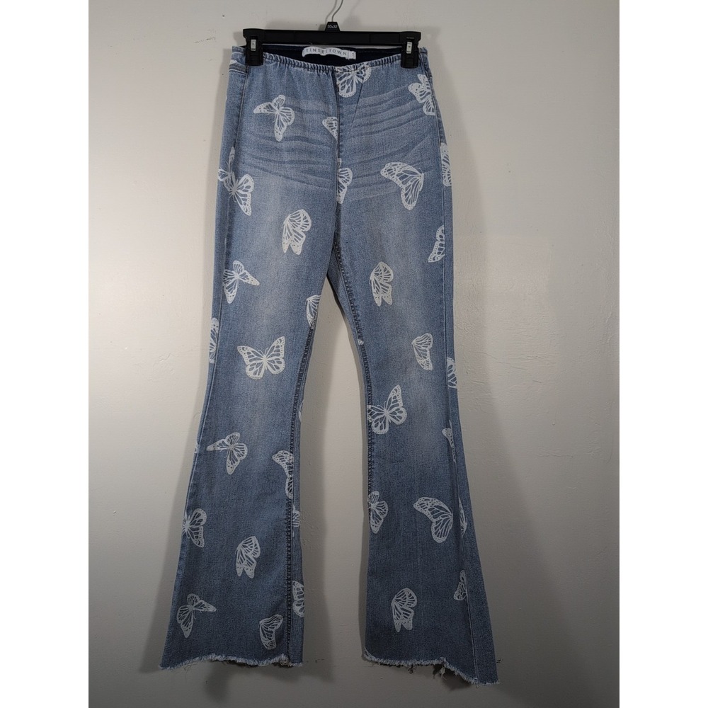 Tinseltown Jeans Junior‎ 7 Blue White Butterflies Wide Flare Leg High Rise Boho
